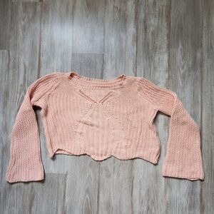 Aerie Chunky Knit Pink Sweater Crop Wide Sleeve Scalloped Hem Round Neck Sz S
